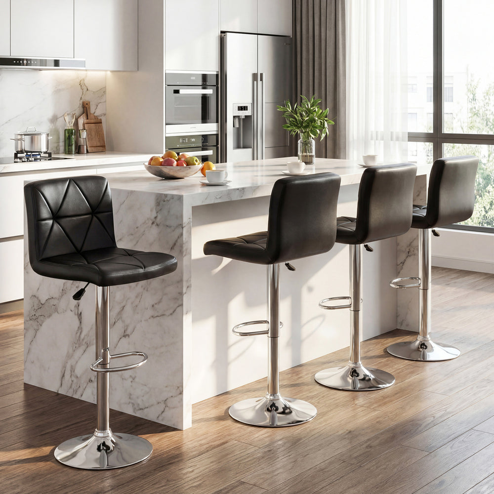 Adjustable swivel barstools in black with diamond quilted design, perfect for kitchen islands and home bars.