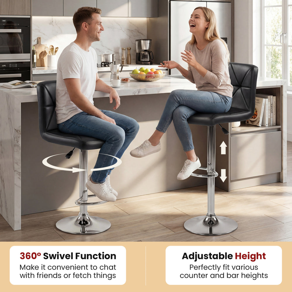 Adjustable black swivel barstools set of 2 with backrest and footrest, perfect for kitchen islands and home bars.