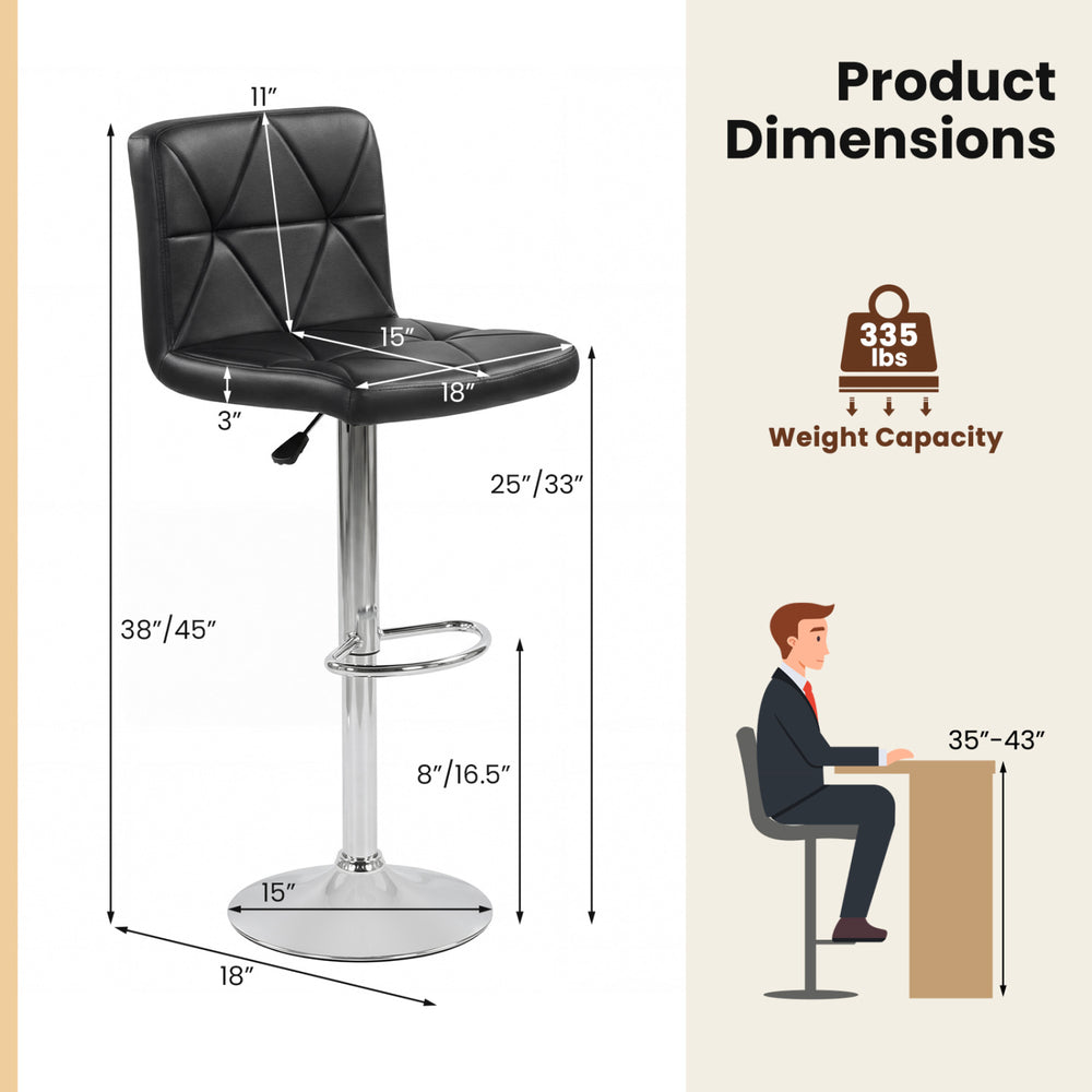 Adjustable swivel barstool dimensions with black faux leather, 25"/33" height, and 335 lbs capacity for kitchen or bar.