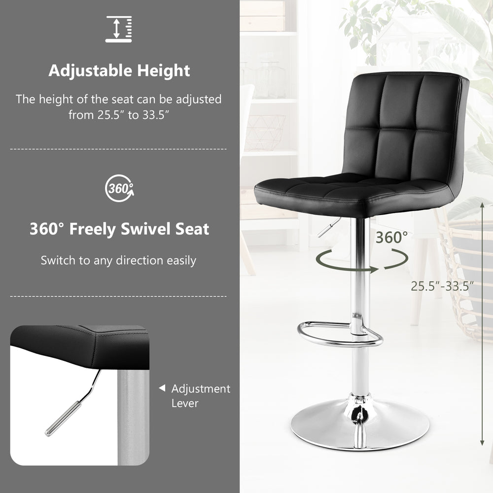 Adjustable swivel bar stool in black PU leather with a cushioned seat, 360° rotation, and height range of 25.5"-33.5".