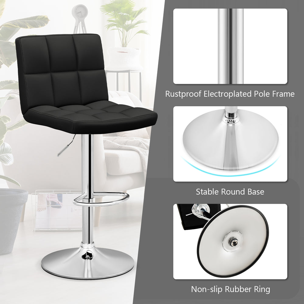 Adjustable swivel bar stool with black PU leather seat, chrome base, and rubber ring for stability, perfect for.