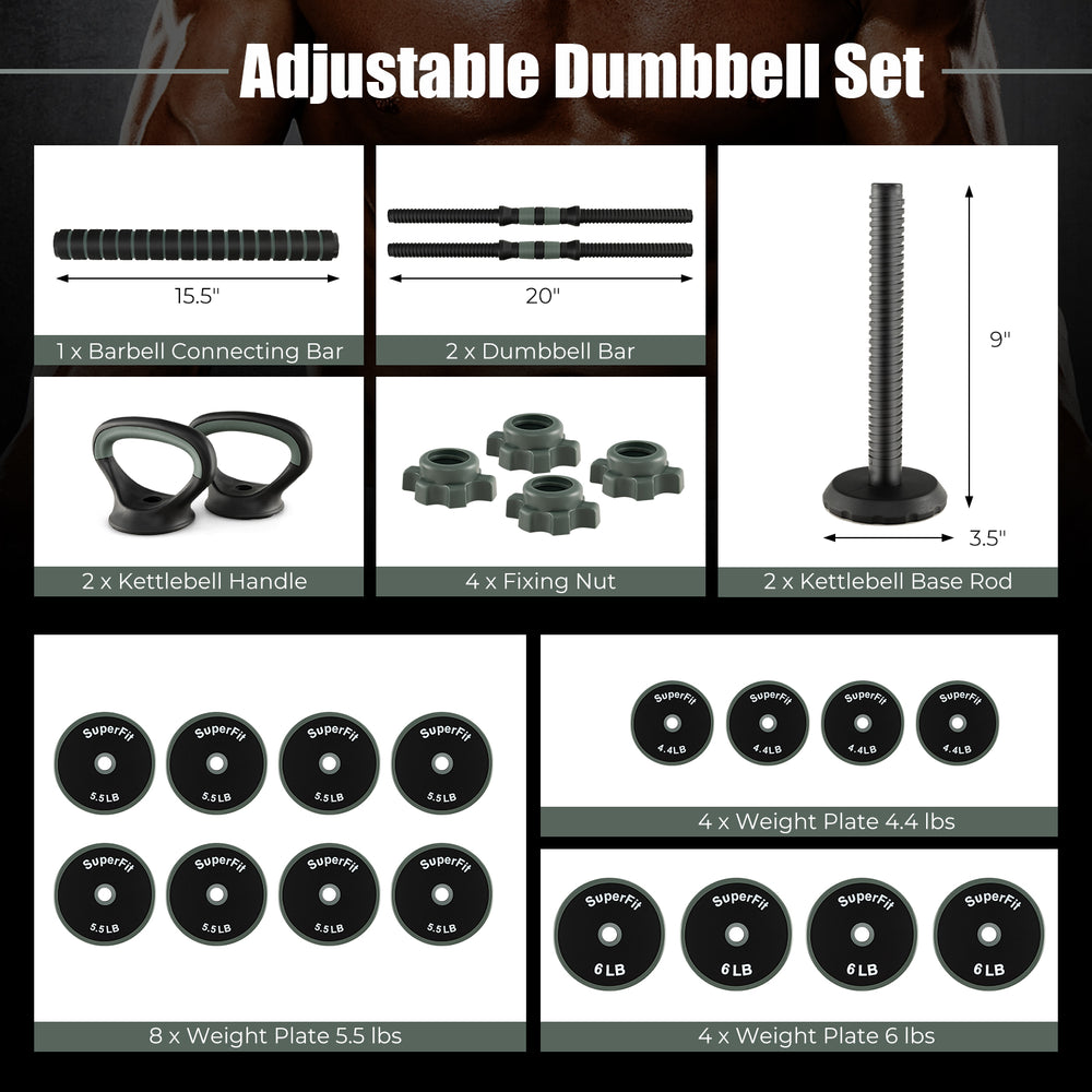 Adjustable dumbbell set with foam-covered rod, 16 weight plates, and spinlock collars for versatile home workouts.