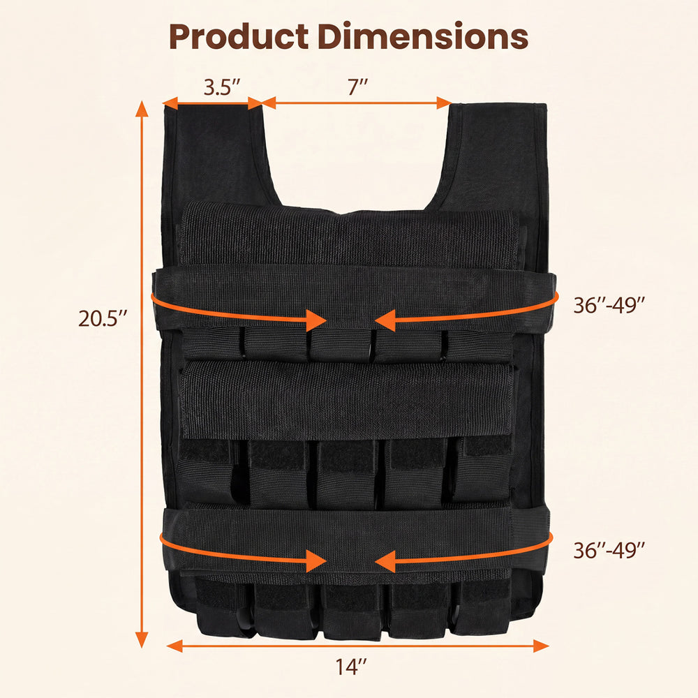Adjustable weighted vest in black with dimensions 20.5" x 14" x 7" for versatile strength training and workouts.