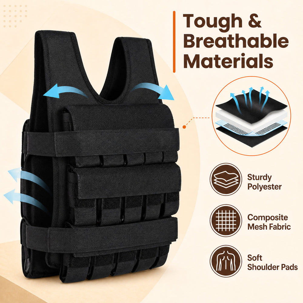 Adjustable black weighted vest made of tough 1080D polyester with removable weights for versatile strength training workouts.