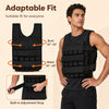 Adjustable weighted vest in black features removable iron weights, built-in adjustment strap, and is suitable for various workouts.