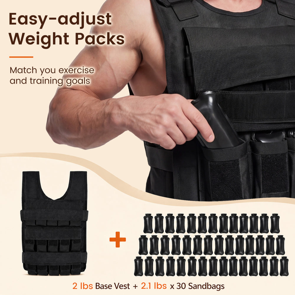 Adjustable weighted vest in black with removable iron weights, ideal for home and outdoor strength training workouts.