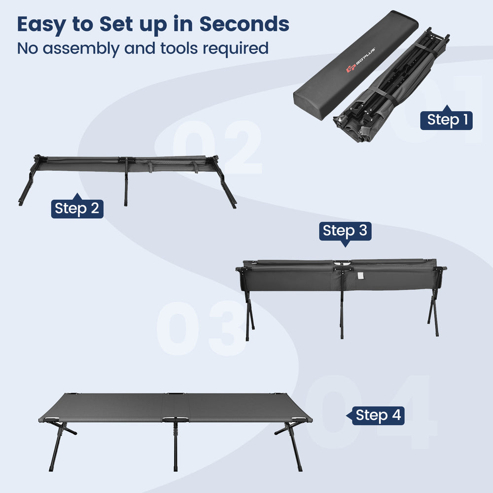Folding camping cot in gray with sturdy iron frame, easy setup, and portable carry bag for camping and travel.
