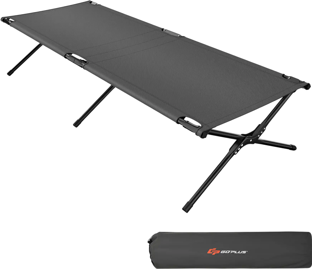 Folding camping cot in gray with sturdy iron frame, portable design, and 600D oxford fabric for outdoor use.