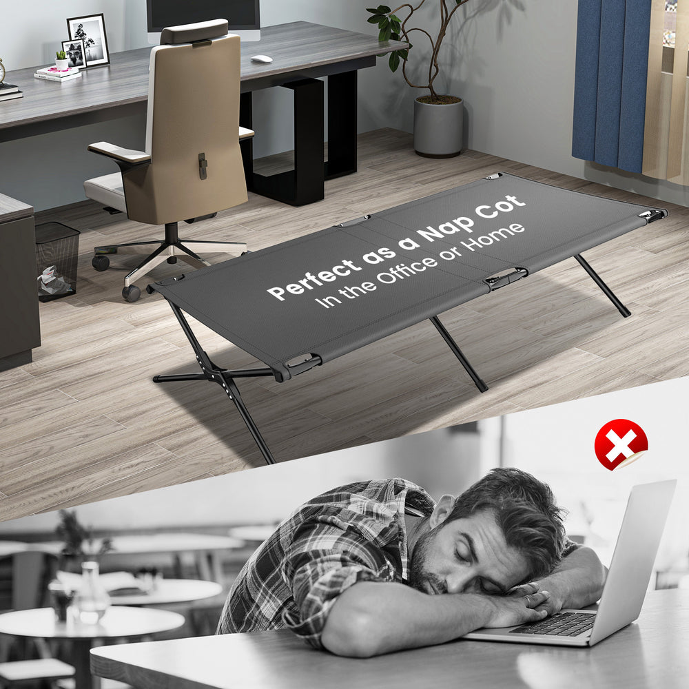 Folding camping cot in gray with sturdy iron frame, ideal for naps at home or in the office, supports up to 300 lbs.