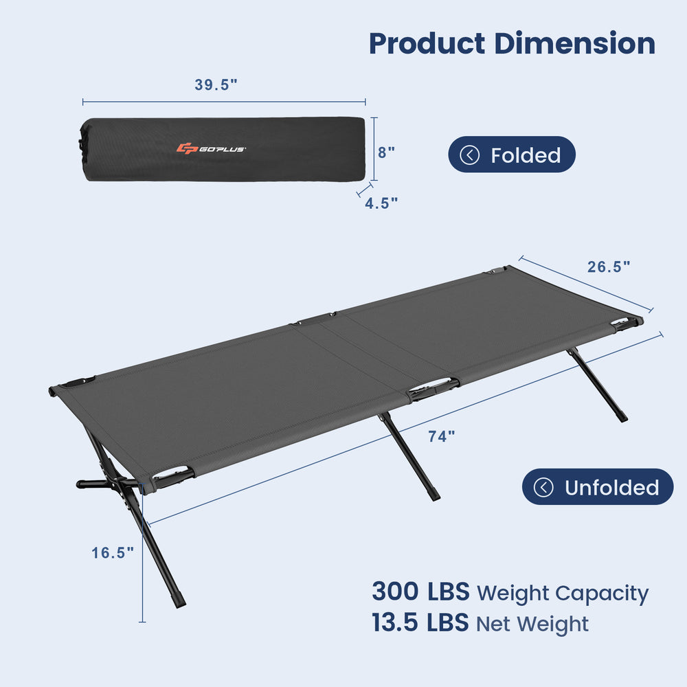 Folding camping cot in gray with sturdy iron frame, 300 lbs capacity, compact design for easy transport and storage.