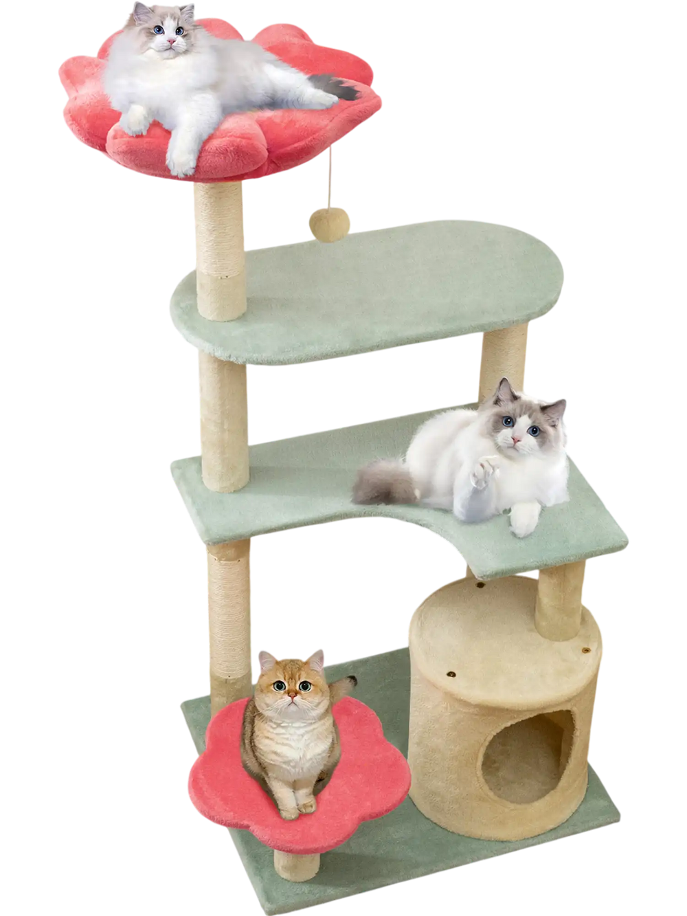 Multi-level floral kitten tower with plush perches, cozy condo, and sisal scratching posts for playful cats.