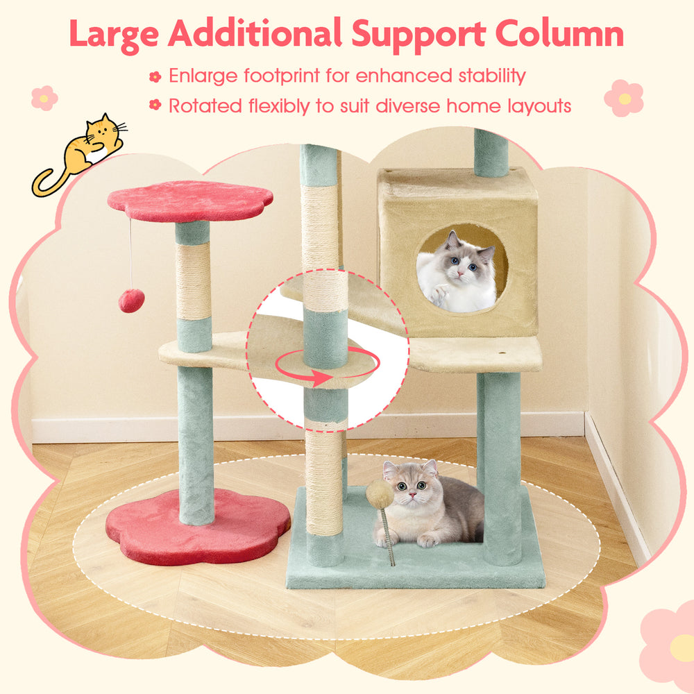 Multi-level kitten tower with flower-shaped perch, cozy condo, and sisal scratching posts for playful cat relaxation.