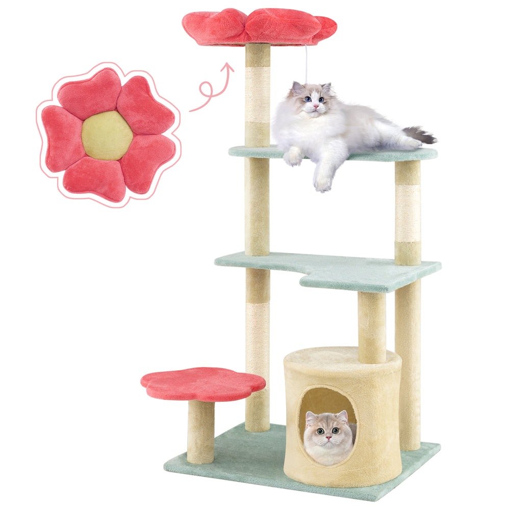Multi-level 49-inch floral kitten tower with plush padded perch, cozy condo, and natural sisal scratching posts.