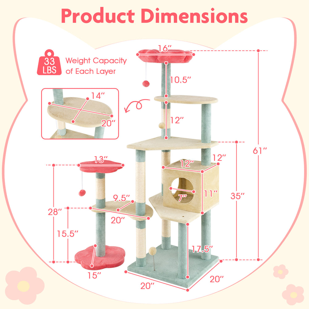 Multi-level floral kitten tower with flower-shaped perch, 61 inches tall, featuring cozy condo and scratching posts.