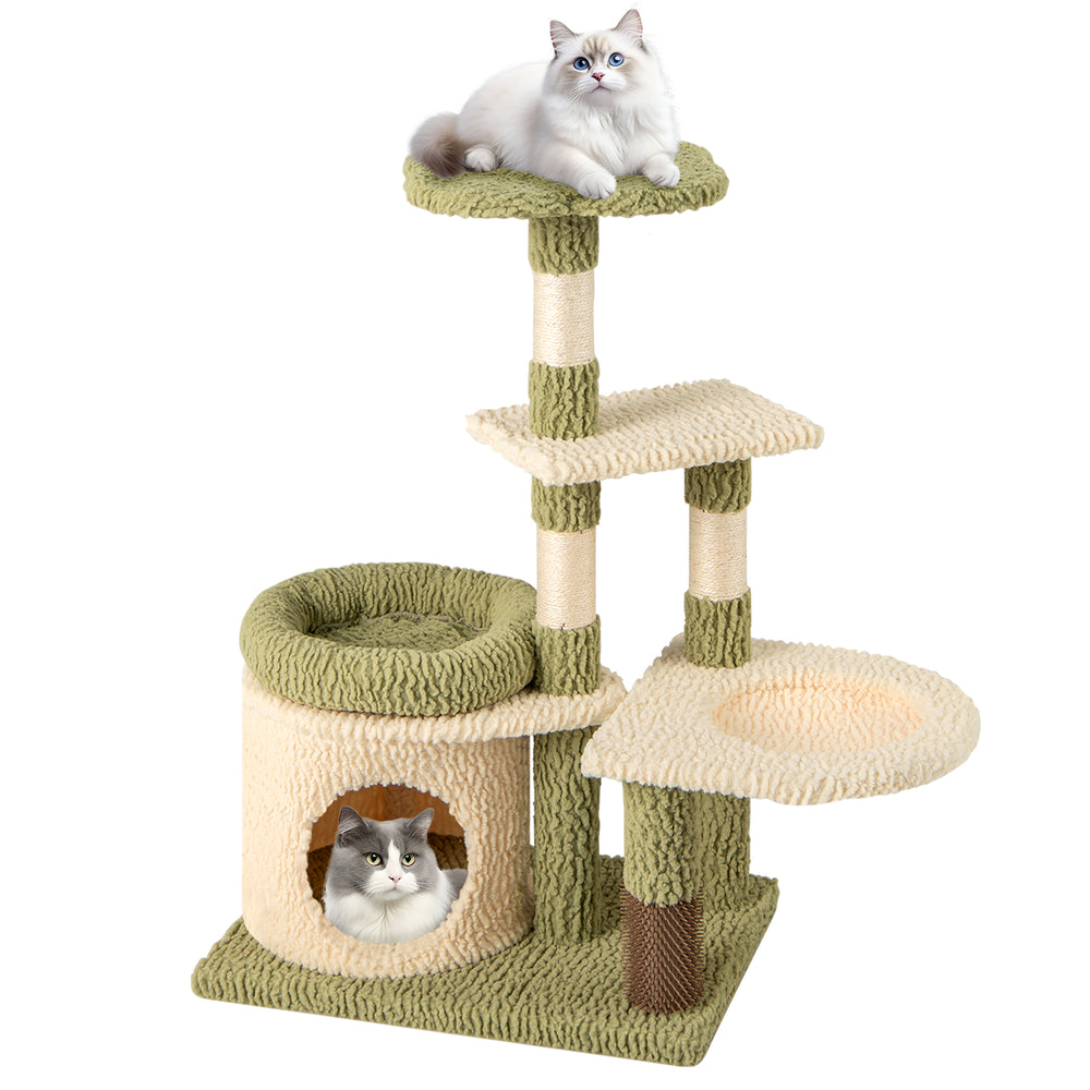 Multi-level 38-inch green kitten tower featuring a condo, bed, and scratching posts for playful lounging and grooming.