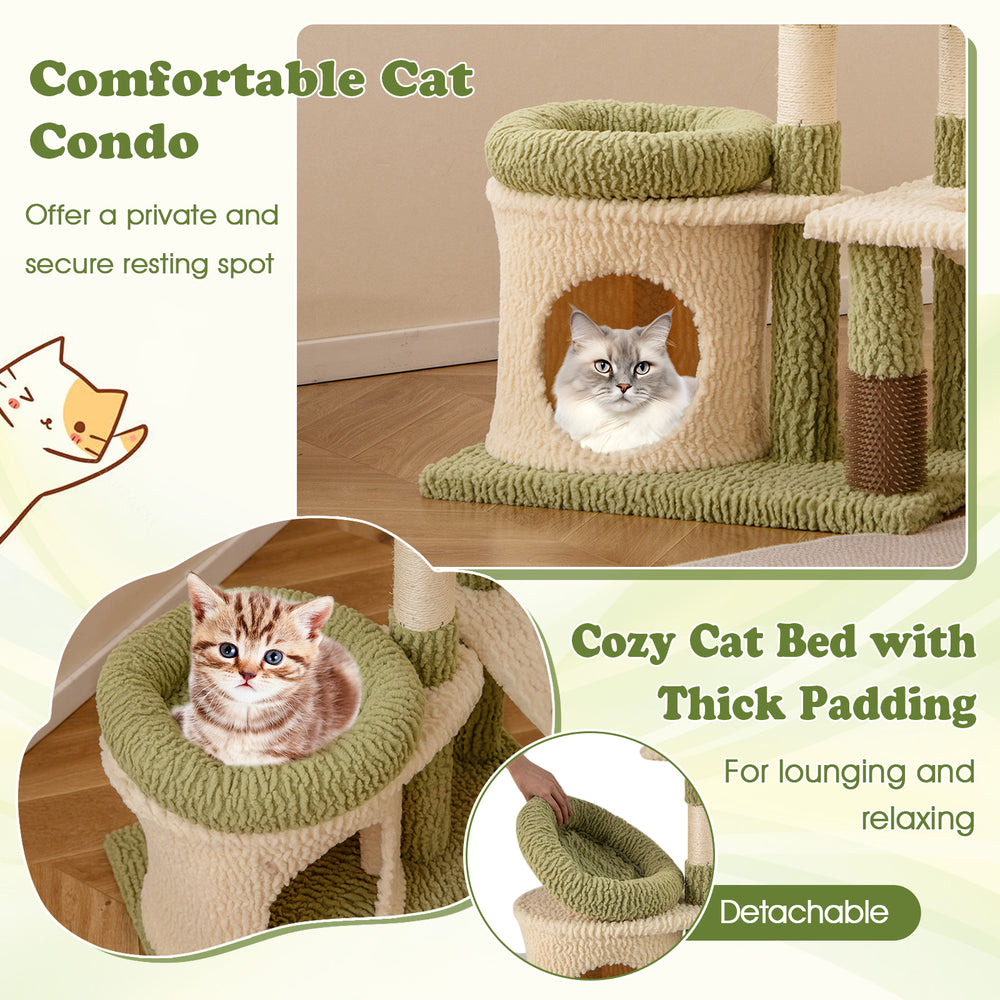 Multi-level 38-inch tall kitten tower in green with cozy cat condo and removable thick-padded bed for lounging.