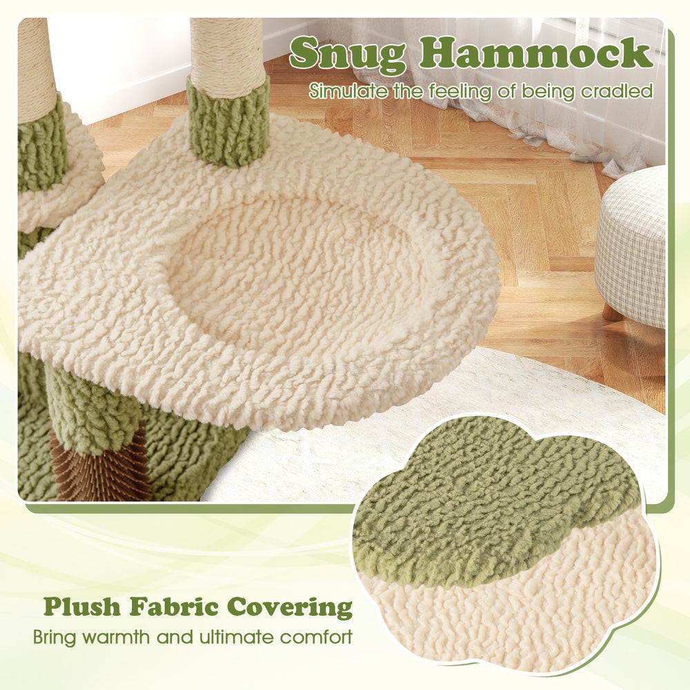 Cozy hammock with plush fabric covering on a multi-level kitten tower, providing warmth and comfort for lounging cats.