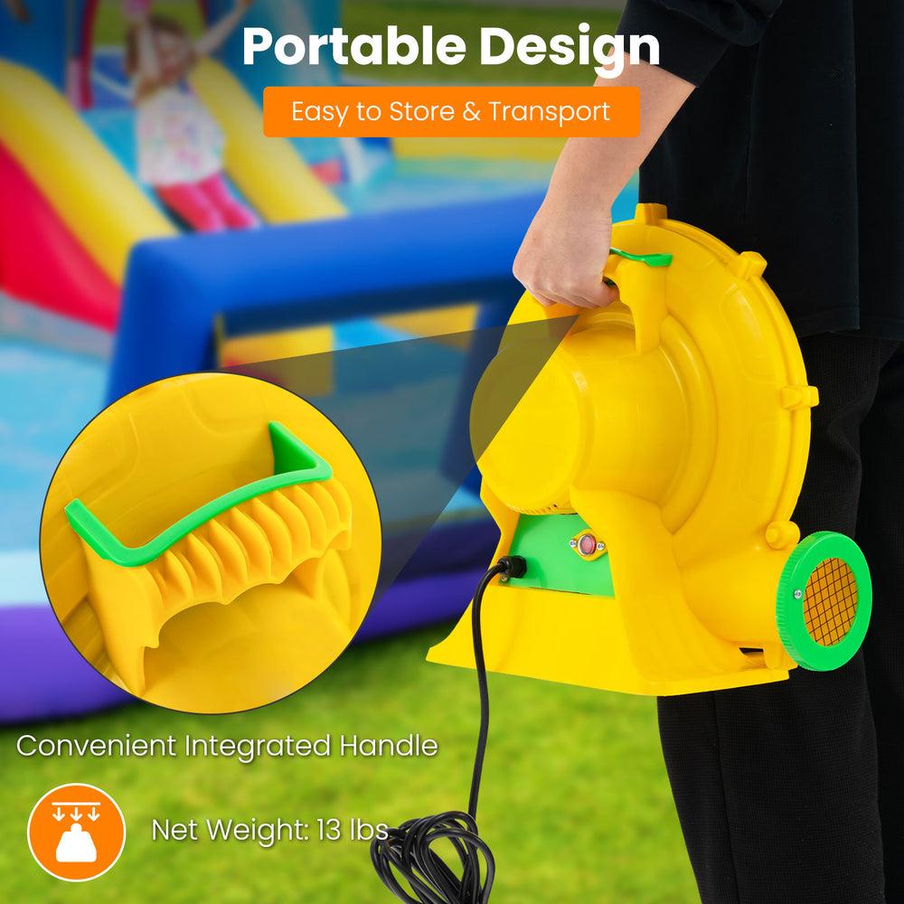 680W air blower with integrated handle, designed for easy transport and rapid inflation of inflatables.