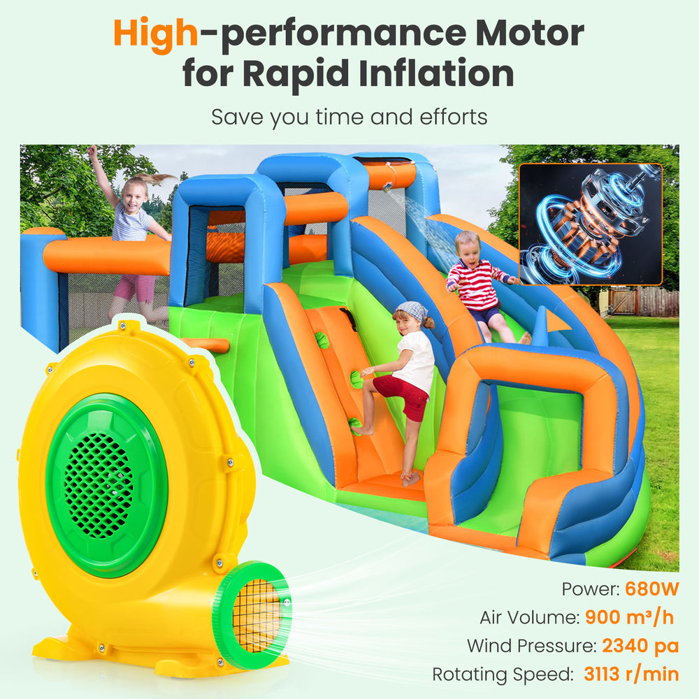680W air blower with high-performance motor for rapid inflation, featuring a convenient handle and sturdy ground stakes.