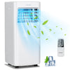 8000 BTU air conditioner in white with remote control, featuring cooling, fan, dehumidifier modes for efficient room.
