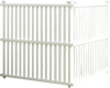 Air conditioner fence panel in white PVC with slatted design and metal ground stakes for outdoor stability and air.