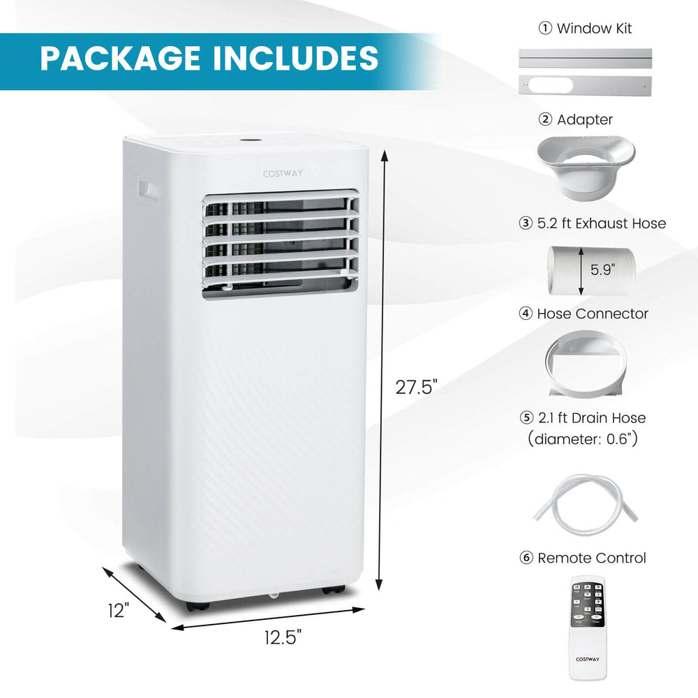 4-in-1 8000 BTU air conditioner in white, featuring a remote control, exhaust hose, and window kit for easy.