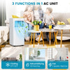 8000 BTU air conditioner in white, showcasing cooling, dehumidifying, and fan modes, ideal for quick room cooling.
