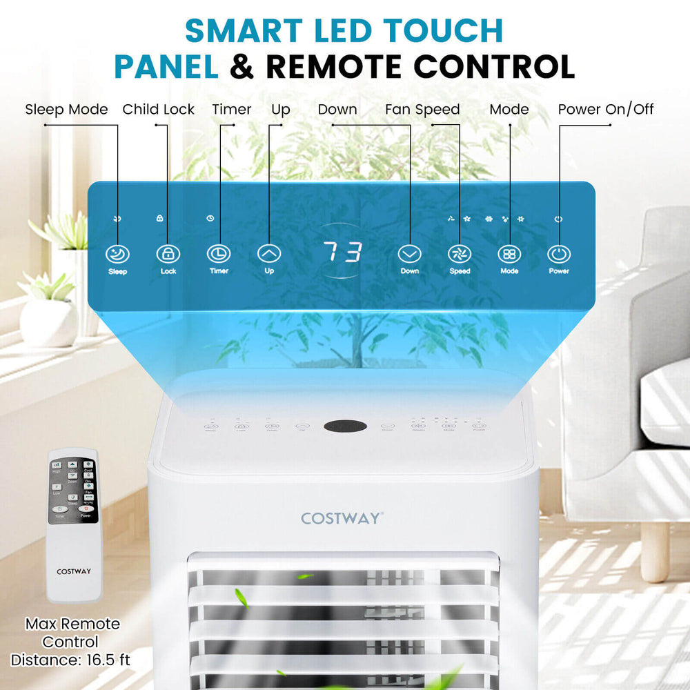 Smart LED touch panel and remote control for the 4-in-1 8000 BTU air conditioner with cooling and dehumidifying.