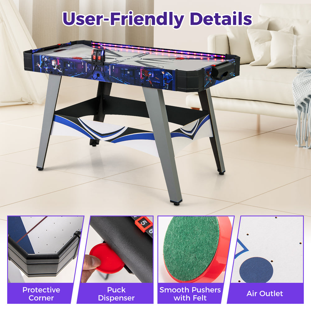 Close-up of the air hockey game table showing user-friendly features like smooth pushers, puck dispenser, and.