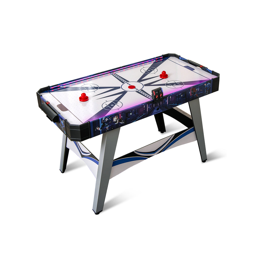 Air hockey game table in blue with 2 pushers and pucks, featuring LED score display for competitive play.