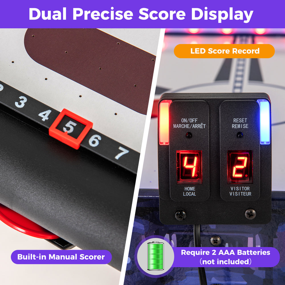 Close-up of the LED score display on the blue air hockey game table, featuring dual scoring for competitive play.