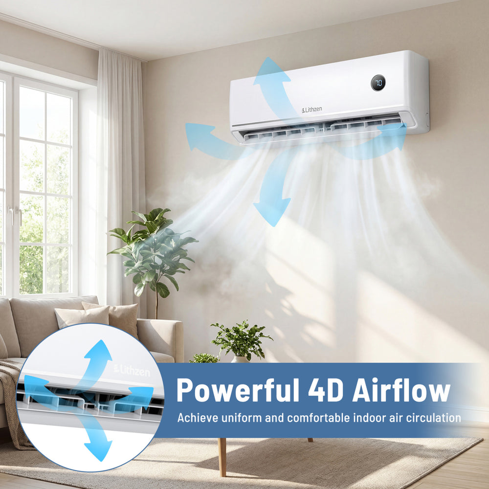 Minisplit aire acondicionado de 12000 BTU con 4D airflow, control WiFi y operación silenciosa para confort todo el año.