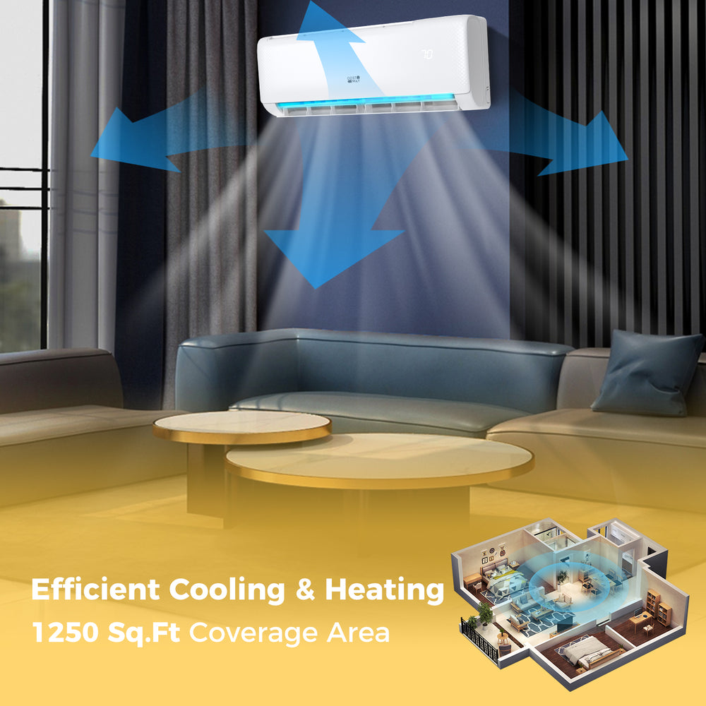 Ductless mini split air conditioner and heater with efficient cooling for up to 1250 sq.ft, featuring a sleek design.