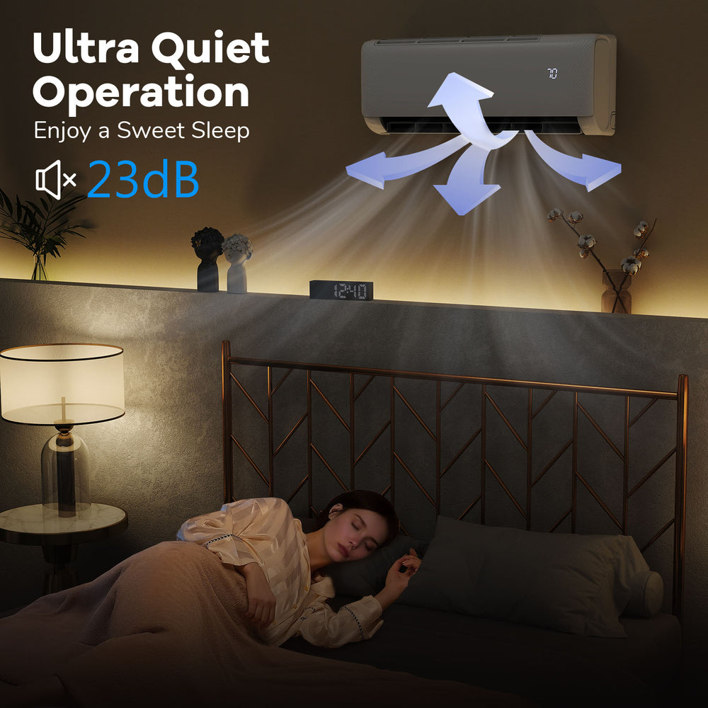 Mini split AC unit in a bedroom, showcasing ultra-quiet operation at 23dB for peaceful sleep and comfort.