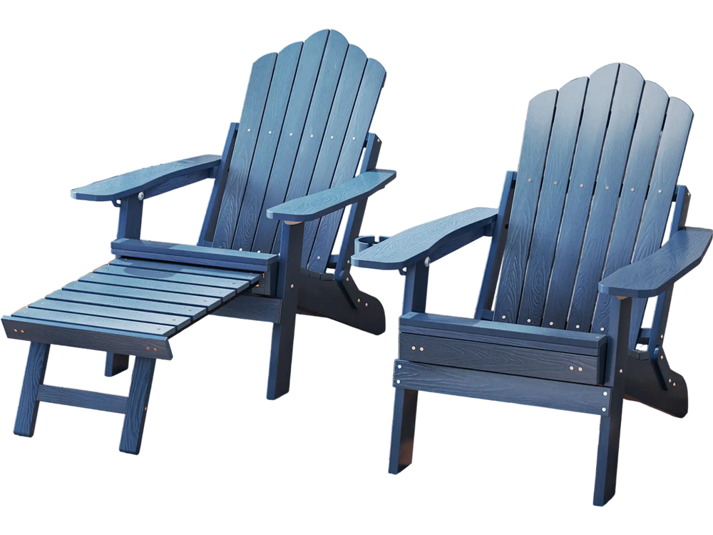 Navy All-Weather HIPS Adirondack lounge chairs with retractable footrest, perfect for outdoor relaxation on the patio.