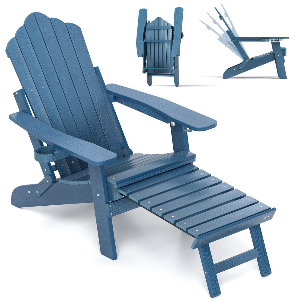 Navy All-Weather HIPS Adirondack lounge chair with retractable footrest and 4-position backrest for outdoor relaxation.