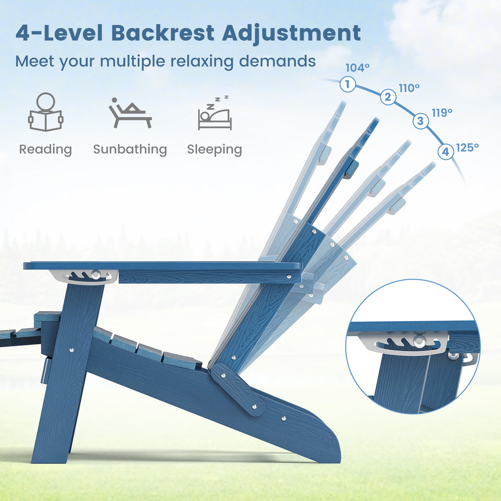 Navy All-Weather HIPS Adirondack lounge chair showing 4-level backrest adjustment for reading, sunbathing, or sleeping.