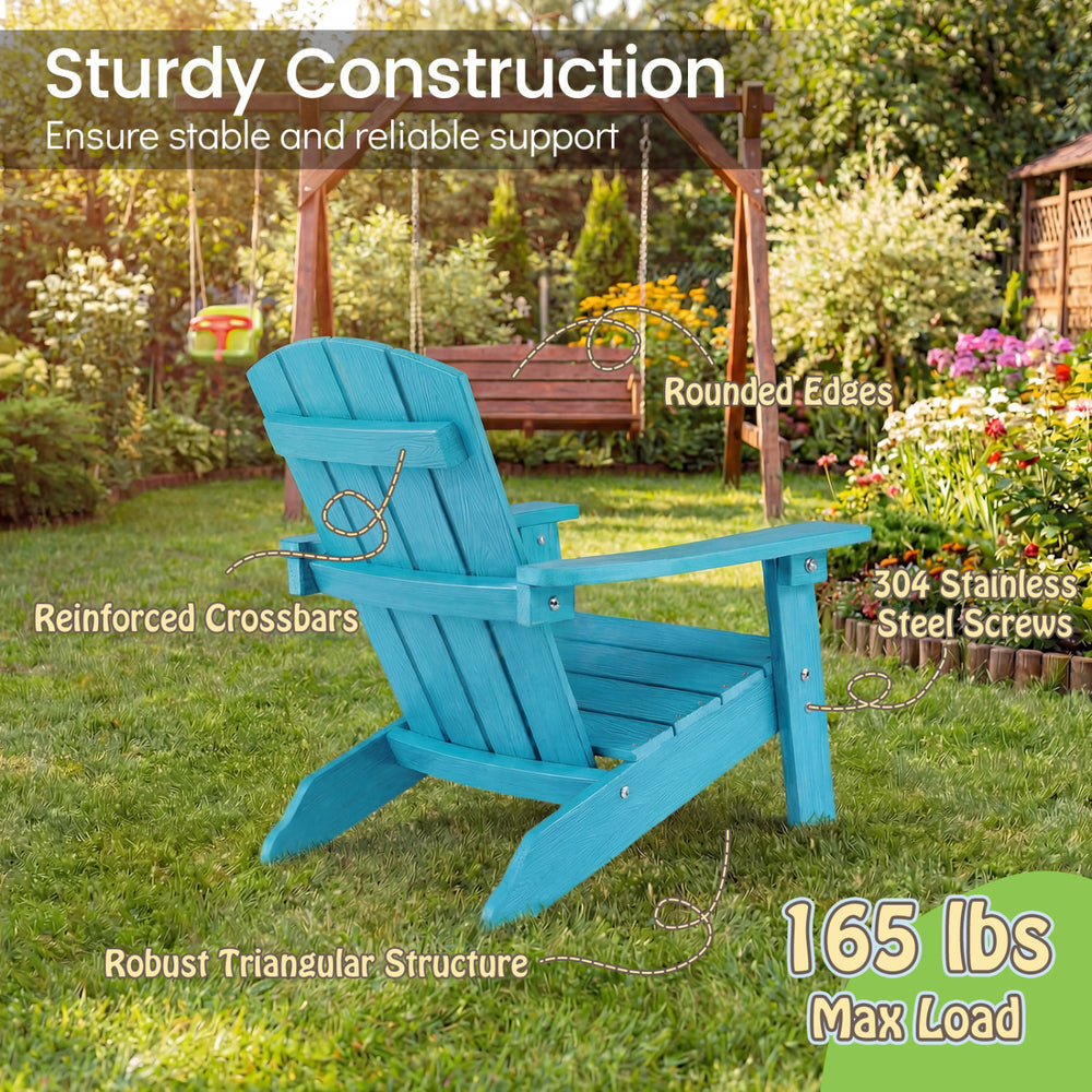 Turquoise kid's Adirondack chair with high backrest, wide armrests, and sturdy construction for outdoor and indoor use.