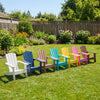 Colorful All-Weather HIPS Kid's Adirondack Chairs with high backrest and armrests, perfect for outdoor relaxation.