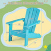 Kid's Adirondack chair dimensions in turquoise, featuring a high backrest, wide armrests, and sturdy all-weather HIPS.