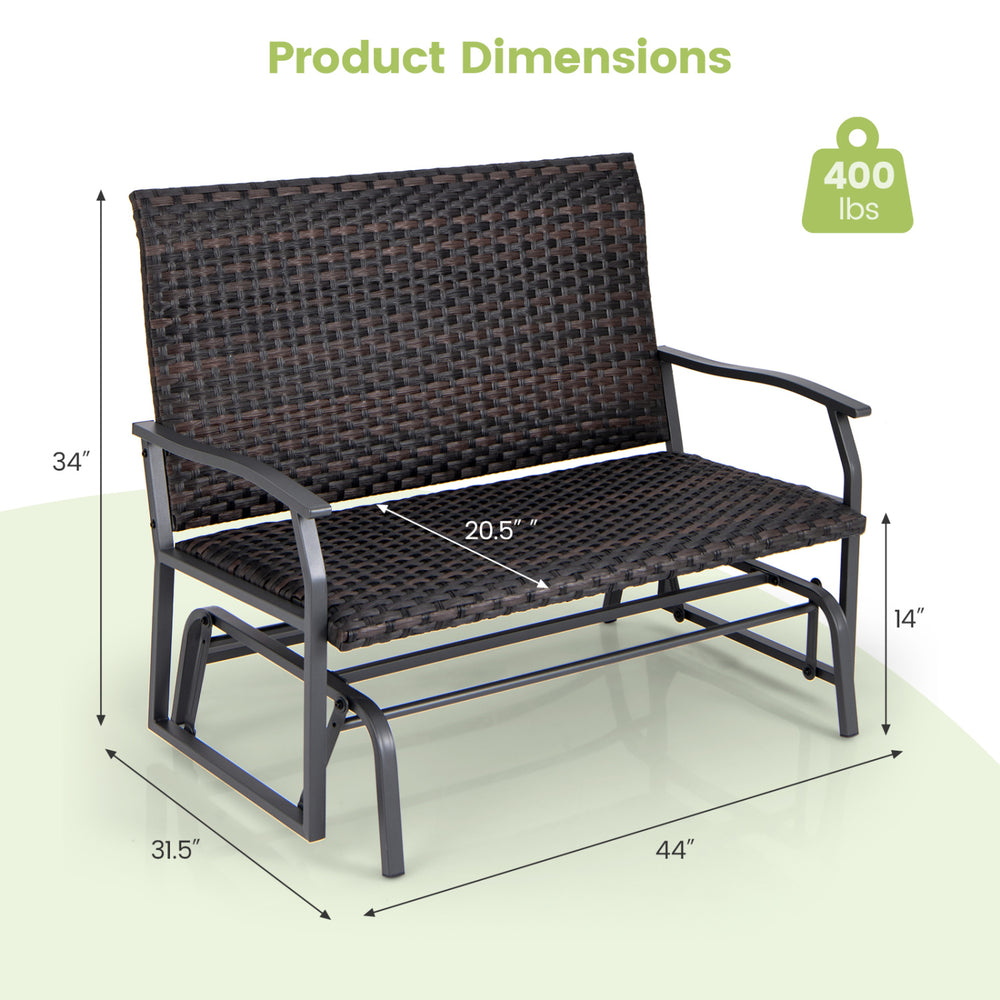 All Weather Outdoor 2-Person Swing Glider Bench dimensions with brown rattan surface and heavy-duty metal frame for.