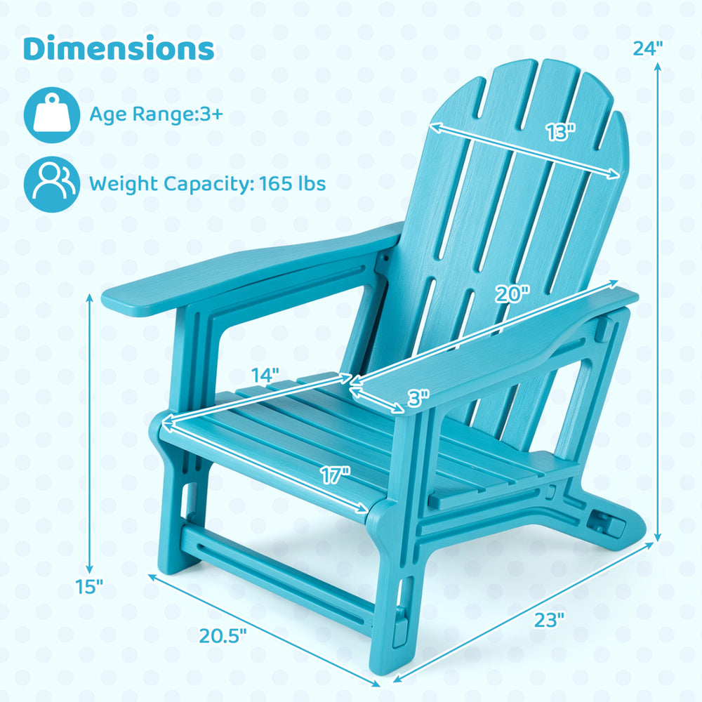Turquoise all-weather outdoor kids patio chair features ergonomic design, wide armrests, and built-in footrest for comfort.