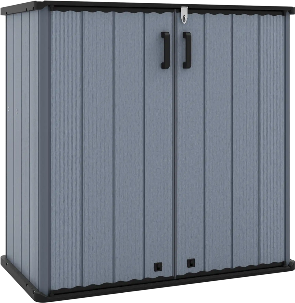 Gray all-weather storage box with lockable doors and removable shelf for organizing patio tools and equipment.