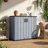 Gray all-weather storage box with lockable doors and removable shelf, ideal for organizing patio tools and equipment.