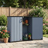 Gray all-weather storage box featuring a grooved drainage roof, perfect for keeping lawn and garden tools dry outdoors.