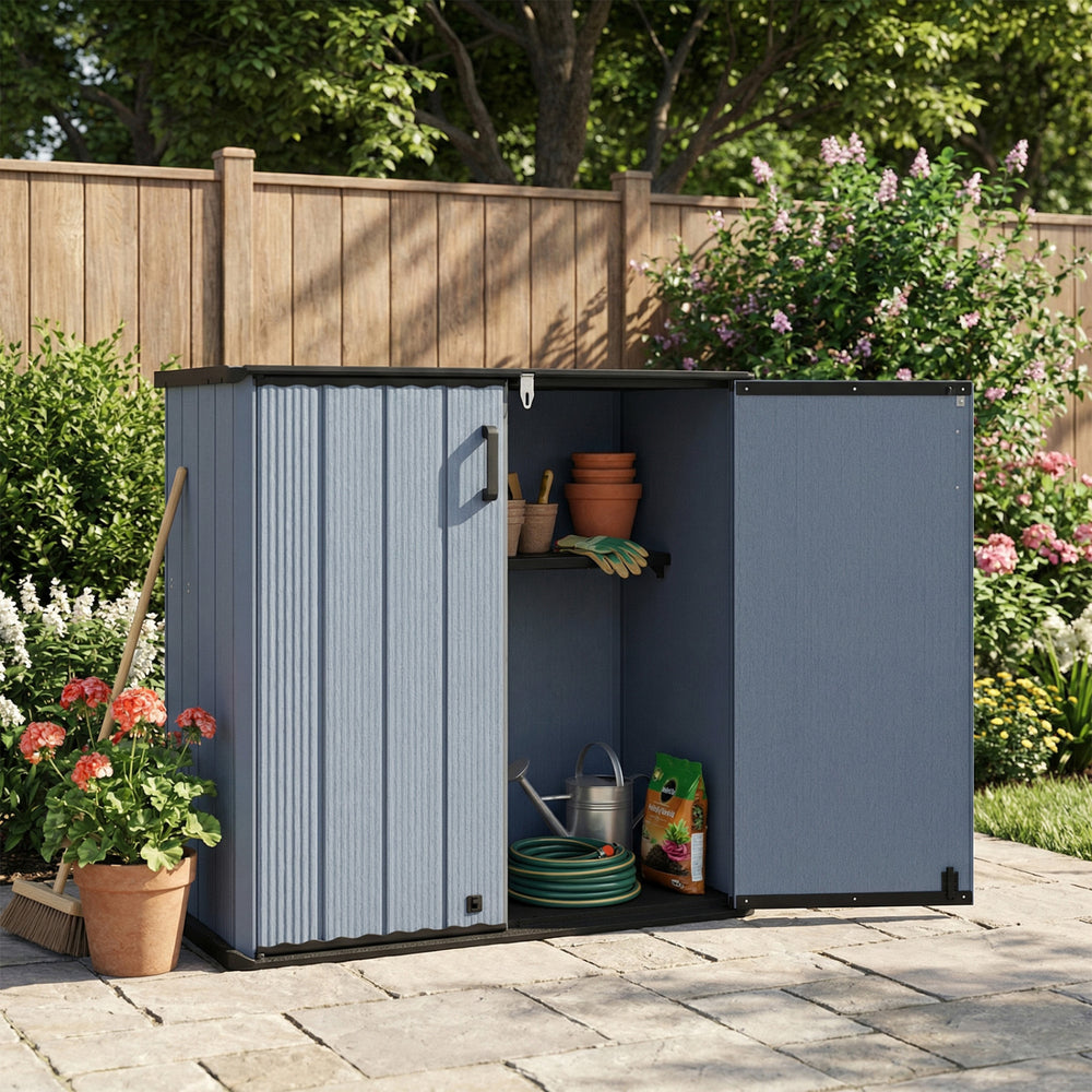 Gray all-weather storage box featuring a grooved drainage roof, perfect for keeping lawn and garden tools dry outdoors.