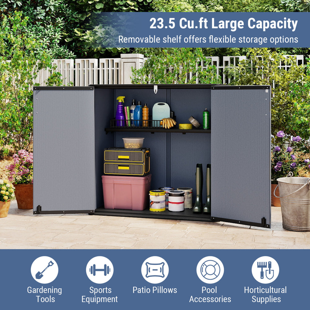 All-Weather Storage Box in gray with removable shelf, ideal for organizing gardening tools and patio pillows outdoors.