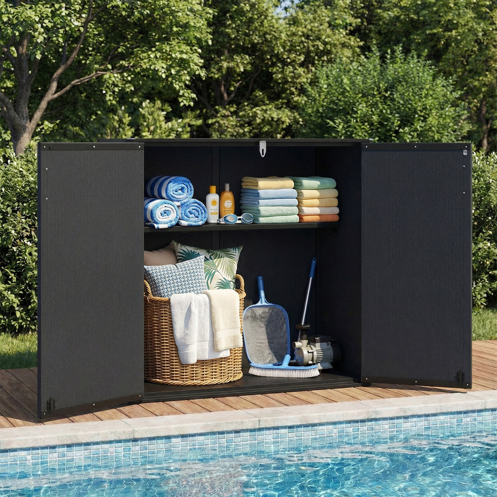 All-Weather Storage Box with Floor and Removable Shelf for Patio and Lawn-Black - Gallery View 1 of 11