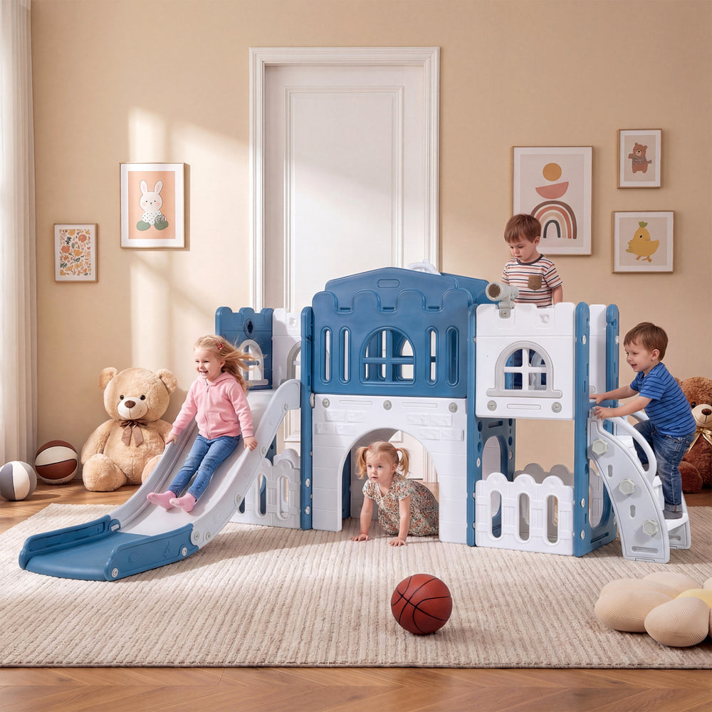 Toddler slide playset in blue with tunnel, ladder, and basketball hoop, designed for safe indoor play and skill.