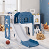 Toddler slide playset in blue with tunnel, ladder, and basketball hoop for safe, fun outdoor play.